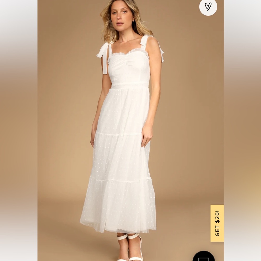 Lulu’s Just Your Darling White Tie-Strap Swiss Dot Midi Dress